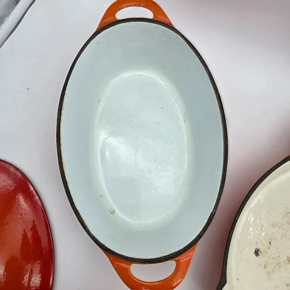 Vintage Unbranded #16 Pan, skillet, Casserole Flame Orange Enamel Cast Iron 70s?